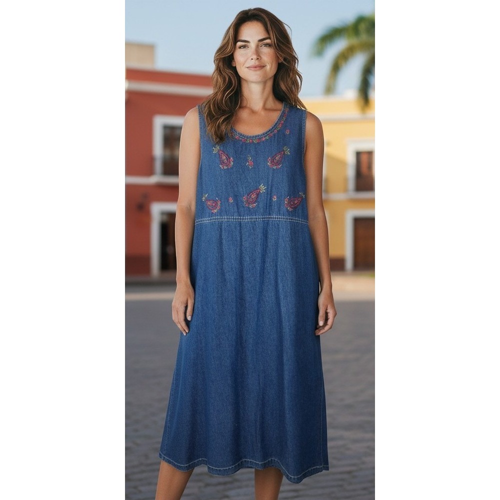 NOS VTG Keren Hart Denim Dress Floral Embroidered Boho Cottagecore Farmhouse